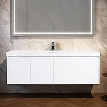 Blossom 60 Inch Wall Mounted Bathroom Vanity with Sink | Floating Wood Vanity Cabinet | Modern Soft-Close Doors & Storage | Space-Saving Design (Glossy White, 60'' Acrylic Single Sink)