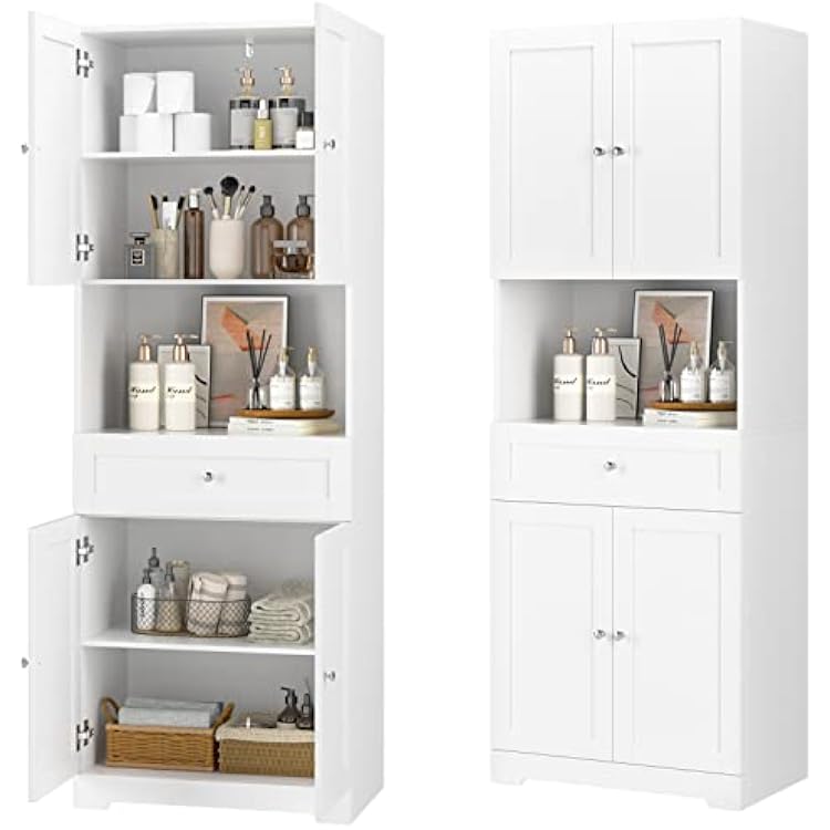 Tall Bathroom Storage Cabinets with Drawer, Modern Linen Cabinet with Doors & Shelves, 67H Tall Storage Cabinet Freestanding for Bathroom, Dining Room, Kitchen & Pantry, Laundry, Narrow Corner, White