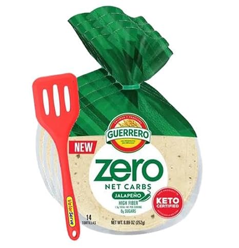 Guerrero Zero Net Carb Jalapeno Tortillas - 0g Net Carbs - Keto Certified - 4.5" Street Taco - 14 Count, 8.89 oz. - 4 Packs with ValorServeTM Mini Kitchen Utensil - Keto Friendly Low Carb Tortillas