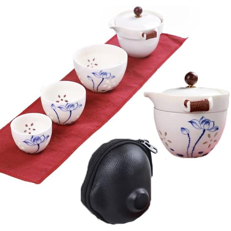 Portable Ceramic Tea Cup Set, Chinese Kung Fu Teapot 1 Pot 3 Mini Cup Shockproof Storage Case for Travel Outdoor Picnic Office Work Home,Blue