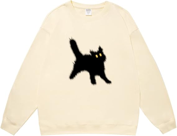 Women's Crewneck Sweatshirts Oversized Casual Long Sleeve Cotton Fall Tops Cute Cat Pattern Pullover Sweatshirt