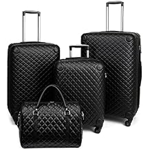 feilario Plaid PU Leather Softshell Luggage Set - 4-Piece Expandable Suitcases with Spinner Wheels - Includes Large Travel Bag, 20-Inch Carry On, 24-Inch & 28-Inch Suitcases