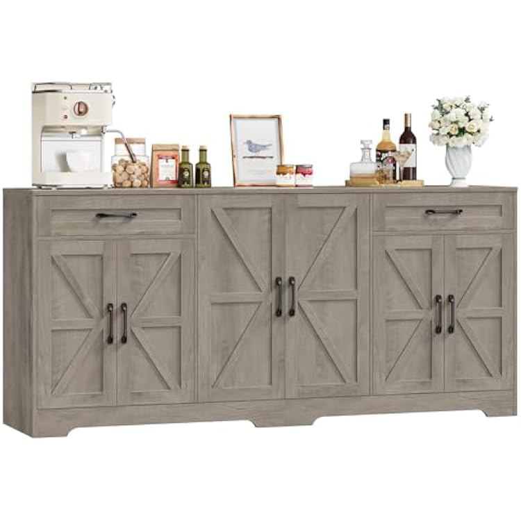 71 Large Sideboard Buffet Cabinet with Storage, Farmhouse Kitchen Buffet Cabinet with Adjustable Shelves and 6 Barn Doors, Wood Coffee Wine Bar Console Table, White, Ash Grey Ash Grey