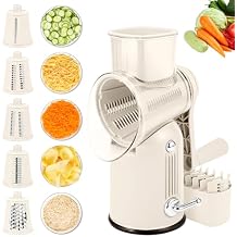 Rotary Cheese Grater with Handle: 5-in-1 Cheese Grater Hand Crank, Strong Suction Base for Fruit Vegetables Nuts with Blade Storage Box (White)
