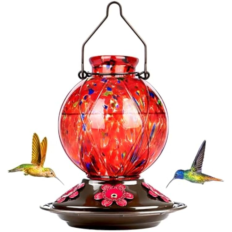 Hummingbird Feeder, BOLITE Glass Hummingbird Feeders for Outdoors Hanging, Meshy Texture Ball Shape with Ant Moat, 5 Bee-Proof Ports, 360 Perch, Leak-Proof, 20oz, Red, Gifts for Mom Dad Women Men