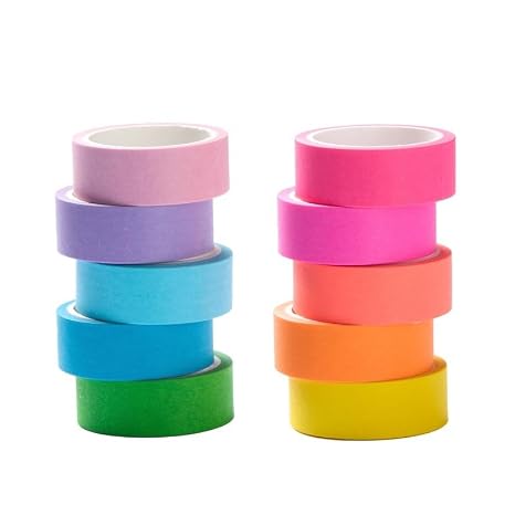 Washi Tape Set, Rainbow Colorful Masking Tape, Decorative Scrapbook Tape, 15mm Wide, 10 Rolls (Brilliant)