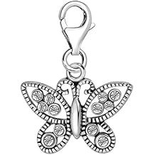 Quiges Butterfly Clip On Charm Pendant with Cubic Zirconia Silver Plated Women's Jewellery