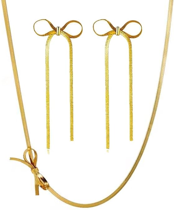 Bow Dangle Choker Necklace Set for Women Long Tassel Chain Earrings Dainty Gold Snake Chain Necklace Wedding Prom Fashion Jewelry Set Gifts