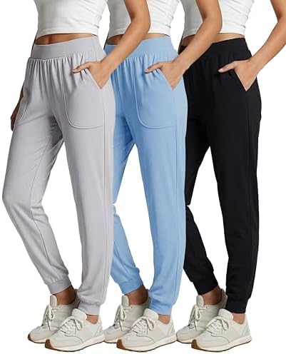 Real Essentials 3 Pack: Womens Ribbed Lounge Jogger Casual Pants Cuffed Sweatpants with Pockets Available in Plus