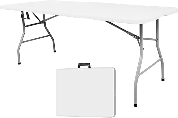 6ft Folding Table Portable Heavy Duty Plastic Utility Foldable Table Indoor Outdoor for Camping, Party with Handle, Lock - White