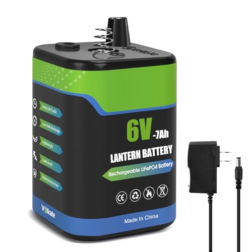 6V Lantern Battery, 6 Volt 7Ah Rechargeable LiFePO4 4R25 Battery with Charger 1 Pack, with Long-Lasting Power for Lantern, Flashlight, Emergency Light, Deer Game Feeder Spring Terminal
