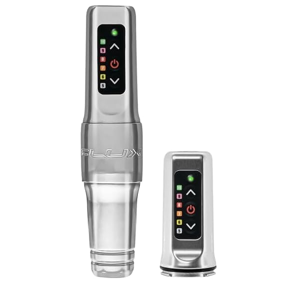 Microbeau Flux Mini Wireless Tattoo Machine - Compact Ergonomic Tattoo Pen with Interchangeable Battery Packs and 3mm Stroke - Up to 5 Hours Battery - Permanent Makeup Supplies (Silver)