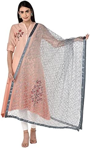 DUPATTA BAZAAR Womens Embroidered Silver Net dupatta