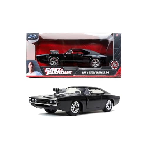 Jada Toys - Fast and Furious Auto Dom`s Dodge Charger Street 1:24, Black - Model Car 1970 Dodge Charger RT from Fast & Furious, Metal Toy Car from 8 Years with Parts to Open, 19 cm
