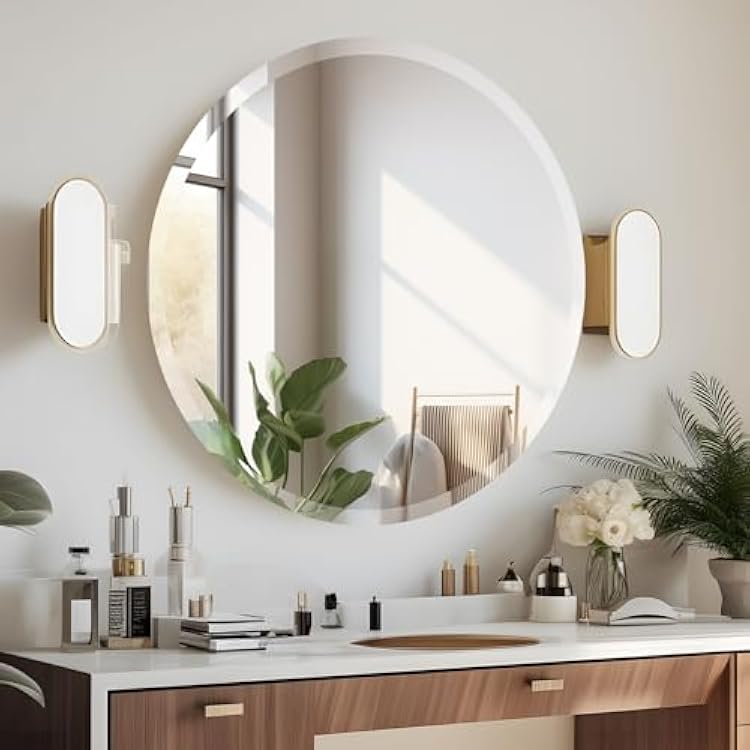 28 Inch Round Frameless Bathroom Mirror, Beveled Round Mirror, Circle Vanity Mirror with 1 Beveled Edge for Bathroom, Entryways, Living Room