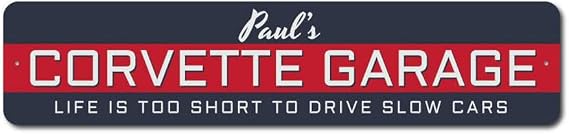 Metal Chevy Sign Personalized Name Corvette Garage Aluminum Wall Decor for your mancave, parking space, car port - Blue, Rectangle Decorative Plaque - 4" x 18"