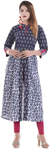 Chichi Indian Womens Floral Print Cotton Kurti Dark Blue-White For CasualDailyParty Wear