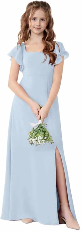 Junior Girls Bridesmaid Dress for Wedding Chiffon Short Sleeve Flower Girl Dresses for Teen with Slit JR001