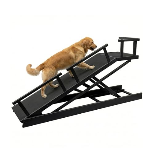 6 Level Height Adjustable Dog Ramp for Bed, Couch 65 Foldable Pet Ramp with Non-Slip Mat,DIY Glow Strips & Rest Platform Heavy Duty Dog Stairs for Large Dogs up to 200Lbs ,Black