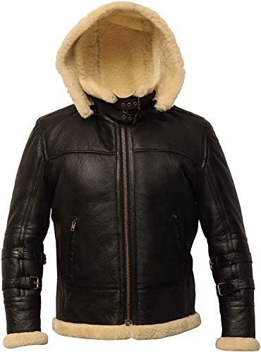 B3 Black Bomber Real Shearling Leather Jacket Removable Hood