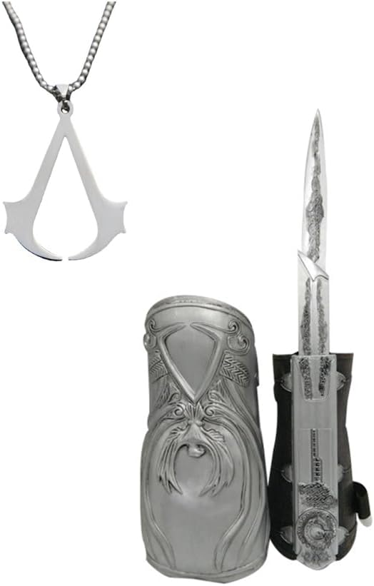 ZOUTYI® Silver Hidden Blade Gauntlet Replica Assassin's Gloves Brotherhood Ezio Cosplay Weapons Props 1:1 Sleeves Sword Two Assassin Necklace
