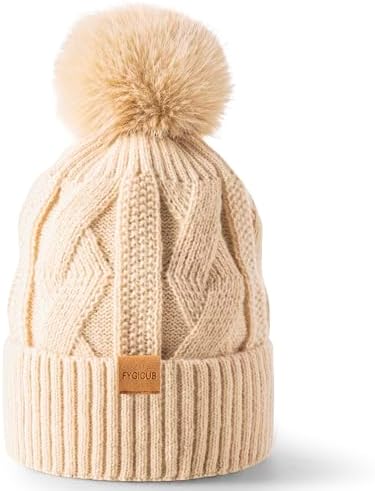 Womens Winter Knitted hat, Soft and Warm Fleece Trendy Beanie Cap with pom-pom Ski