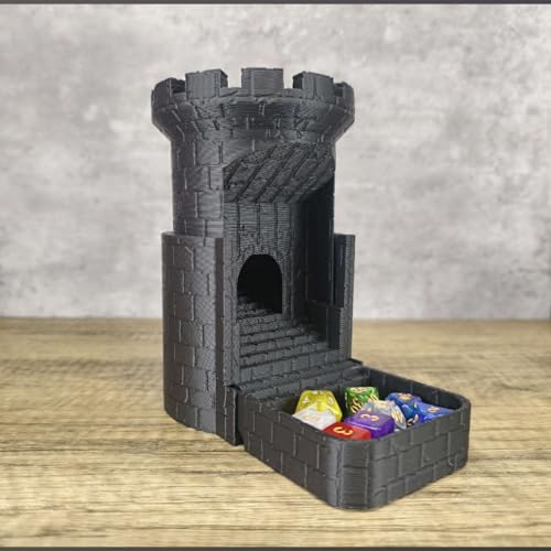 MunnyGrubbers - Auto Reloading Dice Tower - (7pc D20 Random Dice Included) - Castle Design - Self Loading Dice Tower - Lever Action Dice Tower - Dungeons and Dragons - DND - (Black)