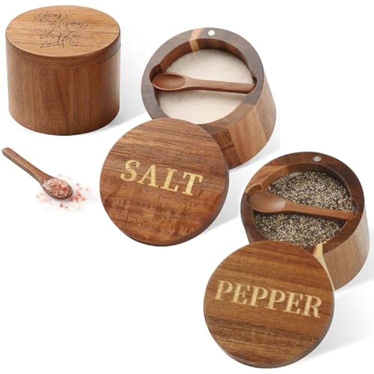 Acacia Wood Salt Cellar & Pepper Box Set with Built-in Spoon and Swivel Lid Elegant Engraved Salt Container for Countertop Storage