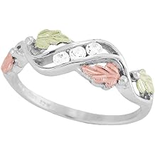 Sterling Silver Past, Present, Future CZ Ring with 12k Green and Rose Gold Black Hills Gold Accents with Jewelry Gift Box for Special Occasions
