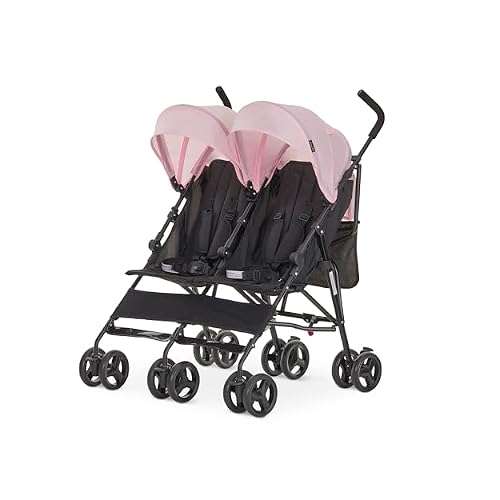 Dream On Me Twin Venture Umbrella Stroller in Pink, Multi Backrest Positions, Adjustable & Removable Canopy Double Stroller, 360Swivel Wheels with Locks
