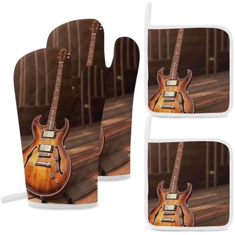Oven Mitts Pot Holders Kitchen Guitar in The Sun Heat Resistant Oven Glove for Baking and Cooking