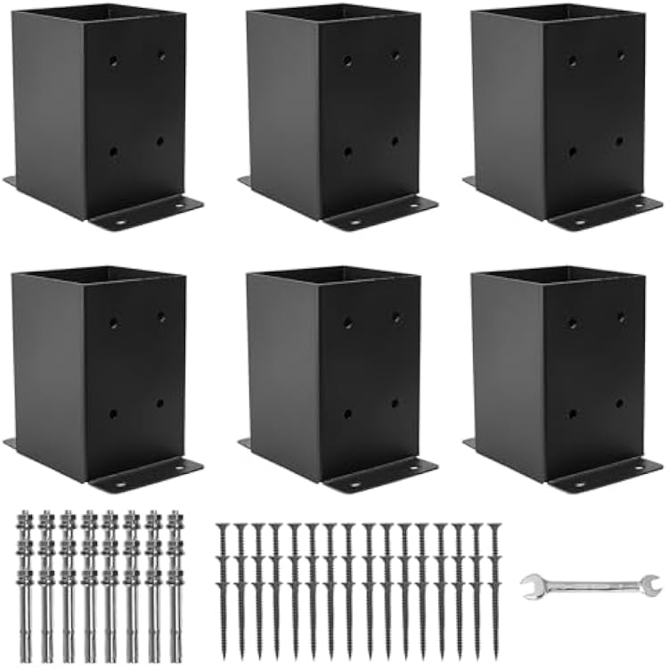 4x4 Post Base 6 Pcs, Post Brackets Inner Size 3.6x3.6, Black Powder-Coated Heavy Duty Solid Steel Deck Post Anchor for Outdoor Support Deck,Fence,Porch,Railing,Mailbox,Pergola...
