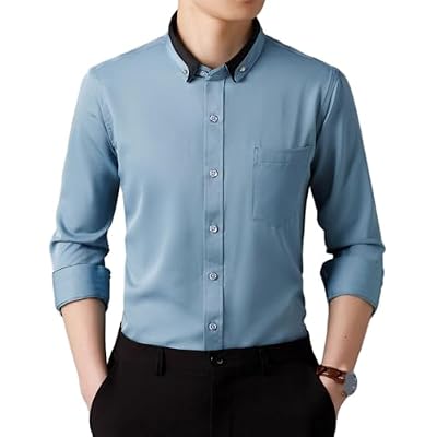 Mens Shirt Casual Business Elastic Long Sleeve Lapel Formal Shirts