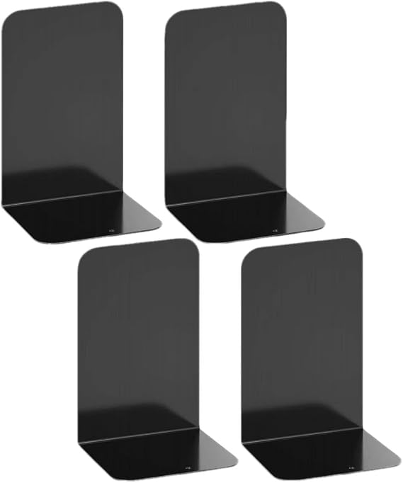 4 Pieces Heavy Duty Black Decorative Metal Bookends，Metal Book Ends Support for Shelves Divider Stopper Holder with Non-Slip Rubber Pad for Decor, Home, Office, Library, School, Gift