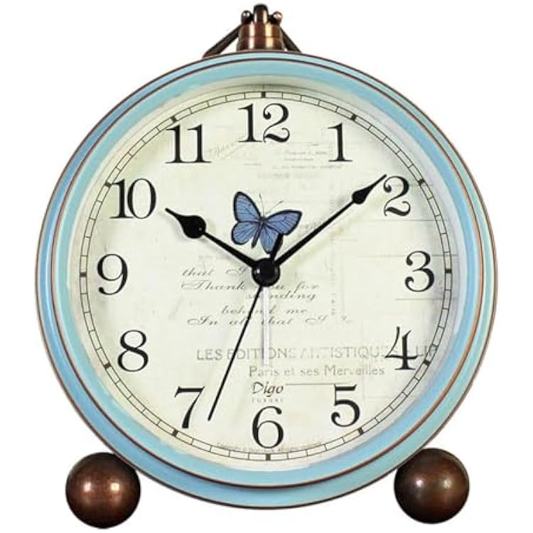 JUSTUP Table Clock, Vintage Non-Ticking Table Desk Alarm Clock Battery Operated with Quartz Movement HD Glass for Bedroom Living Room Office DeskButterfly