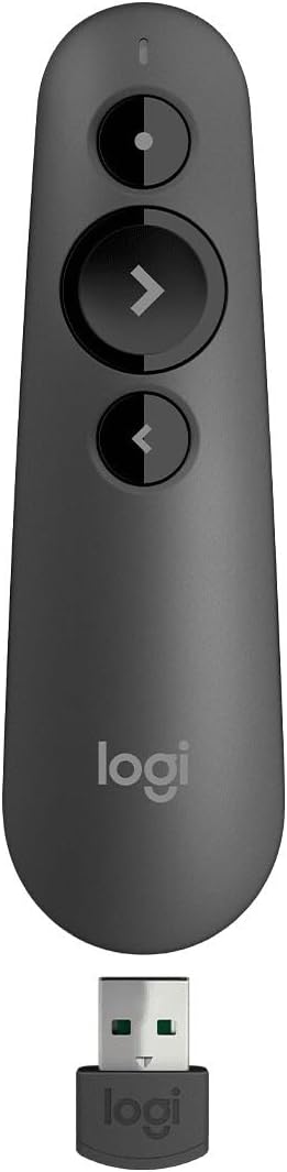 Logitech R500s server, laser class 1, for Bluetooth and USB, universal compatible, 20 meters range, configurable, smart battery usage with 12 months working time, dark grey
