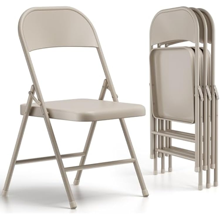 4 Pack Folding Chairs, Heavy Duty Metal Foldable Chairs, Indoor Outdoor Lightweight Folding Chair, Event Chair for Wedding Party Banquet Church, Folding Dining Chair Load Capacity 360Lbs Khaki