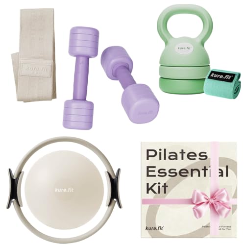 Purple Adjustable Kettlebell 5lb to 12lb Green Adjustable Dumbbell Set 2lb to 5lb and Beige Pilates Kit Bundle