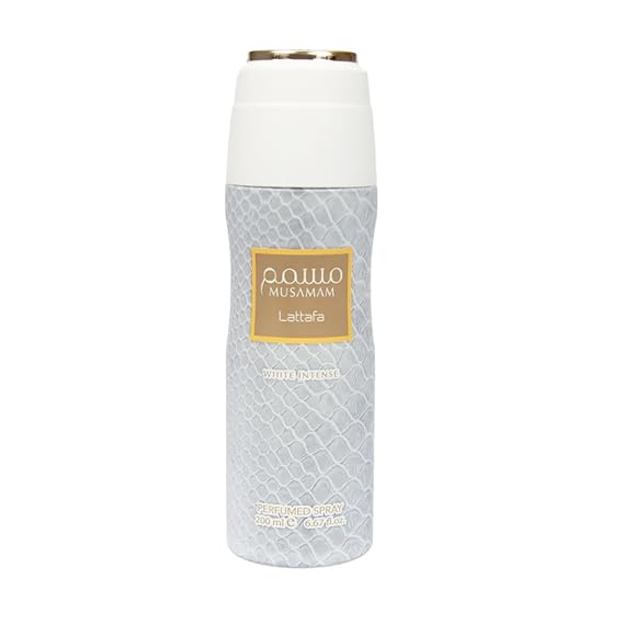Lattafa Musamam White Intense Unisex Deodorant Spray, Amber Floral, 6.7 oz, Long-Lasting Fragrance