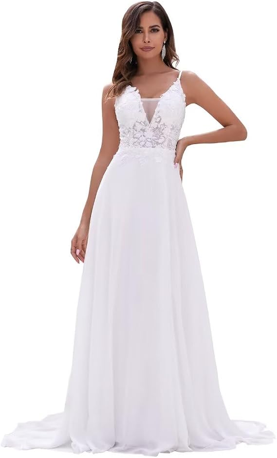 Chiffon Wedding Dresses for Bride Lace Appliques V Neck Long Beach Spaghetti Straps Simple Bridal Gown with Slit