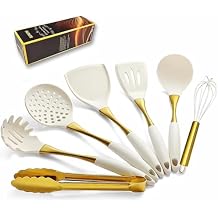 Elegant White Gold Silicone Cooking Utensils Set - Non-Toxic, Dishwasher Safe Kitchen Utensils Set with Heat Resistant Comfort Handles - Includes Spatula & Spoon for Nonstick Cookware