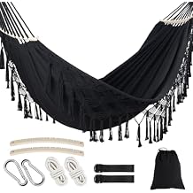 Portable Double Hammock, Hanging Hammock with Tassels and Fishtail Knitting, 550LB Capacity, 320GSM Hanging Bed with Set Full Accessories for Outdoor Camping Patio Balcony Black
