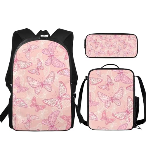 Butterfly Textured Pink Print Back to School Backpack Set 17x11x5in Bookbag with Lunch Box & Pencil Case, Trendy Backpack for Girls Boys Teens, Water-Resistant Lightweight College Work