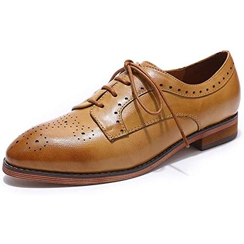 Womens Leather Oxfords Lace-Up Wingtip Oxford Flats Perforated Brogue Derby Dress Shoes for Ladies