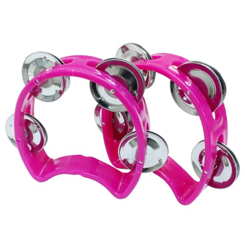 2 Pcs Plastic Percussion Tambourines, Handheld Tambourines with 4 Jingle Bells Musical Instruments Mini Hand Bell Percussion, Adults, School and Party Pink