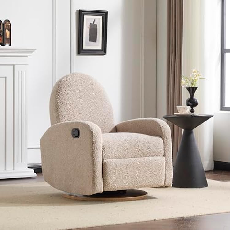 Christopher Knight Home Sidney Fabric Upholstered 360 Swivel Chair, Boucle Push-Back Recliner, Solid Wood Glider Recliner with Rotation, Living Room Single Lounge Sofa, Almond Beige