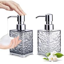 LELE LIFE 2 Pack Foaming Soap Dispenser - Acrylic Foaming Hand Soap Dispenser with Silver Pump, Luxury 10oz Refillable Bathroom Foam Bottle, Clear+Clear Grey,Square