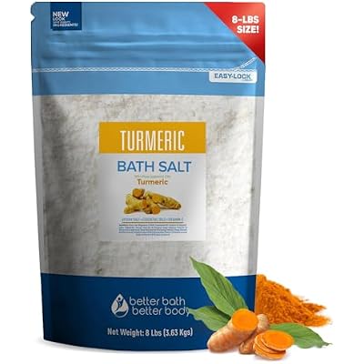 Turmeric Bath Salt 128 Ounces 8 Lbs Large Bag USP Epsom Salt with Natural Turmeric Essential Oil Plus Vitamin C in BPA Free Pouch with Easy Press Lock Seal Made in USA