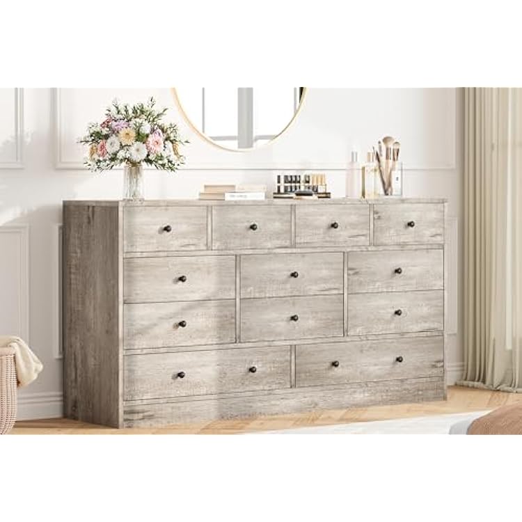Patikuin Dresser for Bedroom,12 Drawer Dressers & Chests of Drawers, Wood Storage Drawer Dresser with Power Outlet, 61 Inch