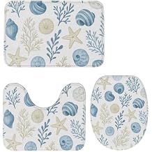 Seashell, Starfish and Coral Bathroom Floor Mat 3 Piece Absorbent Washable Non Slip 24x16in